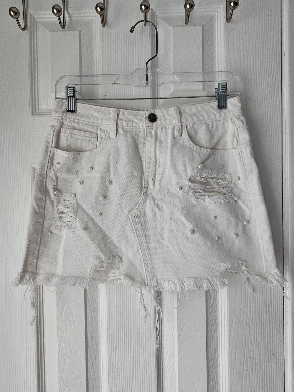 Cello White Distressed Pearl-Embellished Mini Skirt